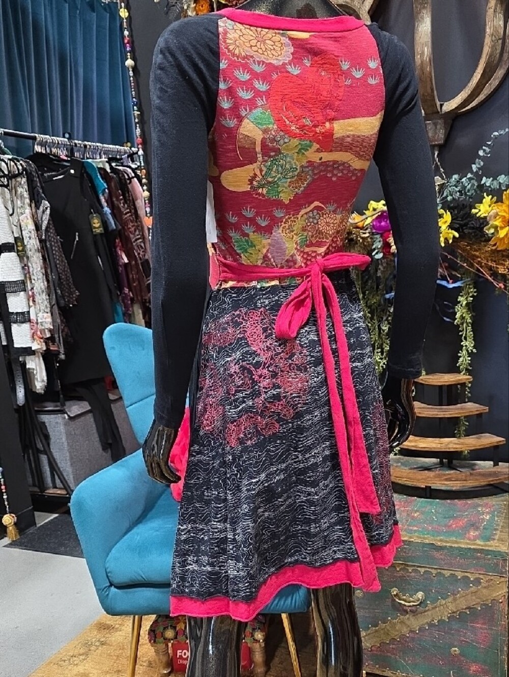 Desigual Black and Red Long-Sleeve Fit & Flare Dress with Multicolor Bodice - Picture 12 of 12
